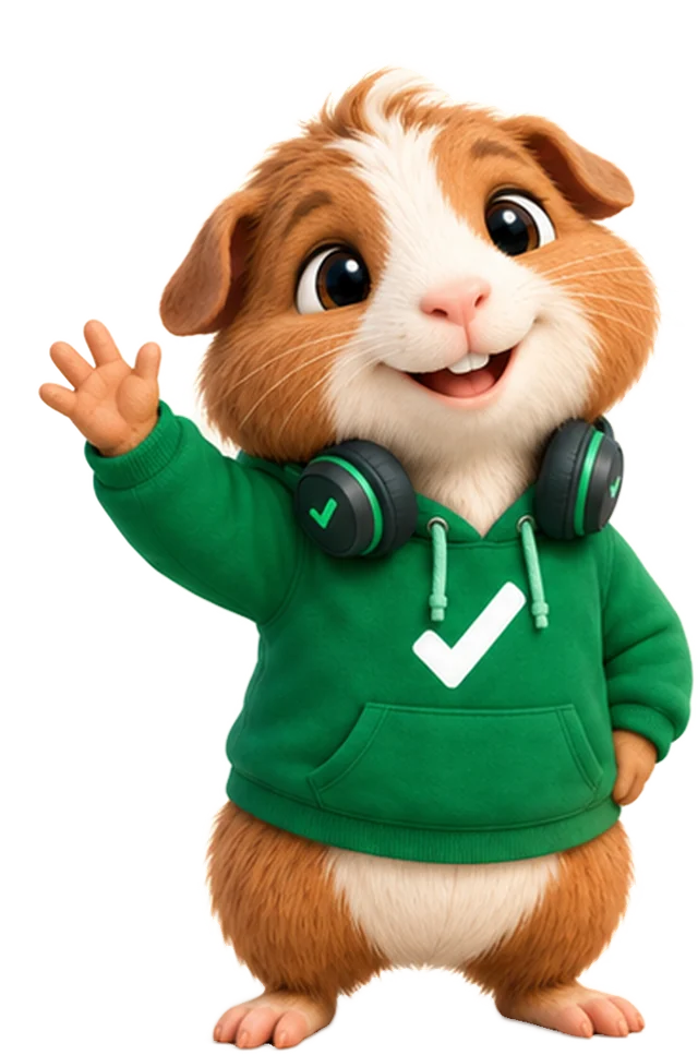 Chequi, el cuy mascota de Green Check Studio, saludando con su hoodie verde